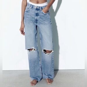 Zara High Rise Wide Leg Ripped Light Wash Jeans - Blogger Favourite 0